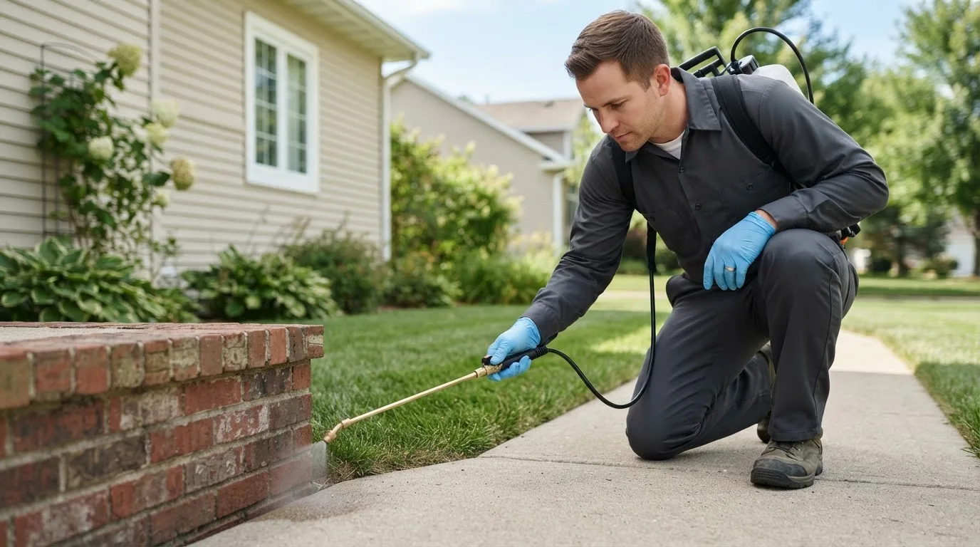 Pest control technician treating a home near Atlanta, MO